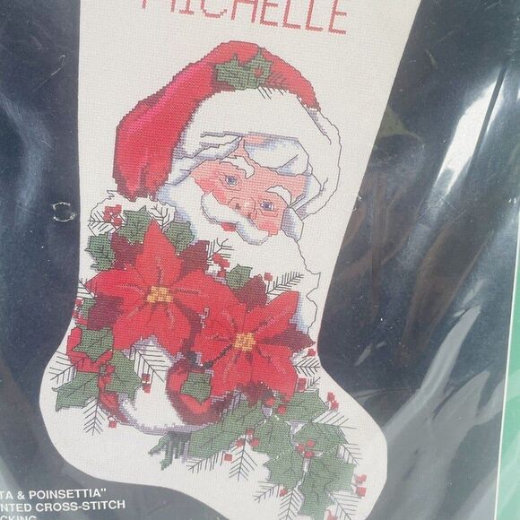 Bucilla Santa & Poinsettia Counted Cross Stitch Christmas Stocking Kit 82431 18" - Picture 4 of 7